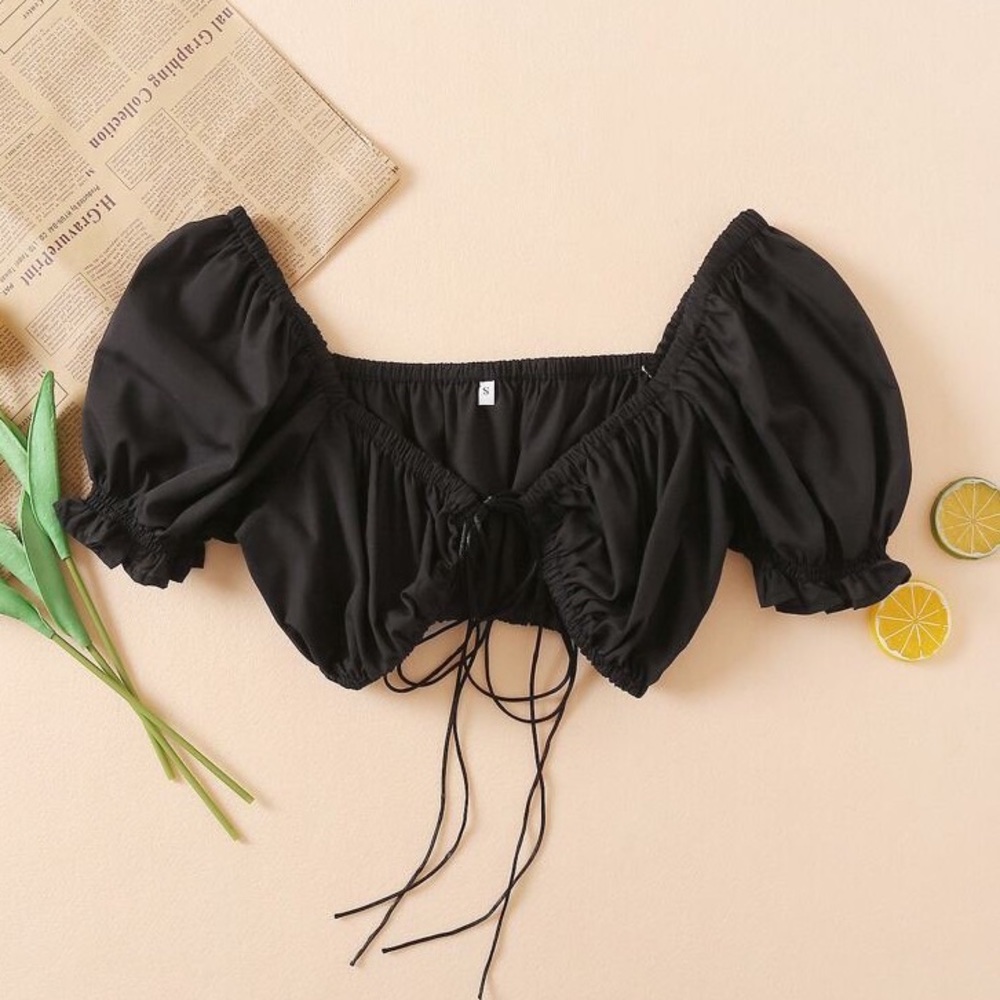 Tie Front Ruched Puff Sleeve Crop Top 🌼